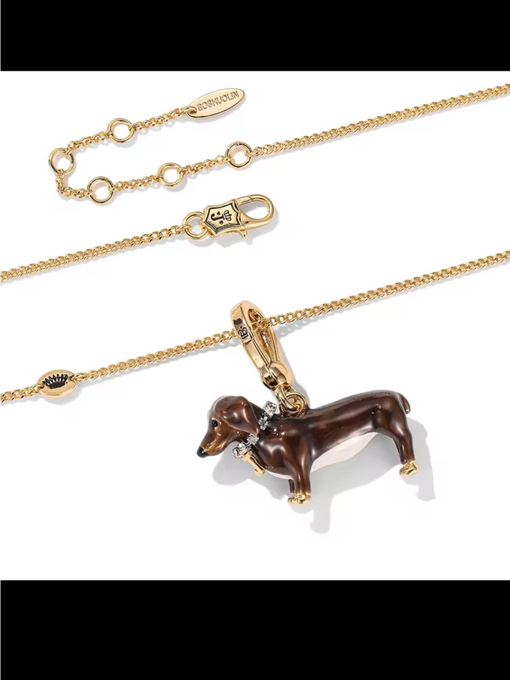Dachshund Dog Charm Necklace - Gold with Brown Enamel